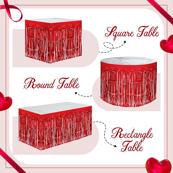 2 Pack Red Table Skirts, 29x108" Metallic Foil Tinsel Fringe Table Skirts - Image 4