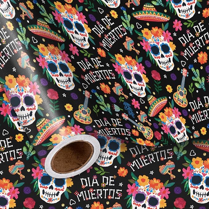 LeZakaa Day of the Dead Wrapping Paper Roll, Colorful Sugar Skulls Maracas by LeZakaa