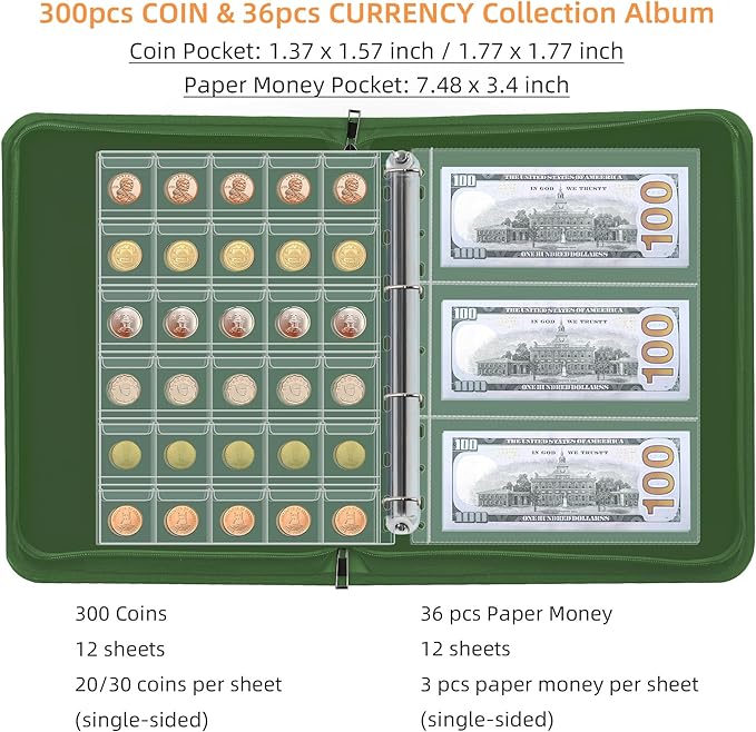 Coin Collection Book Holder for Collectors, 300 Pockets Fireproof Coins - Image 3