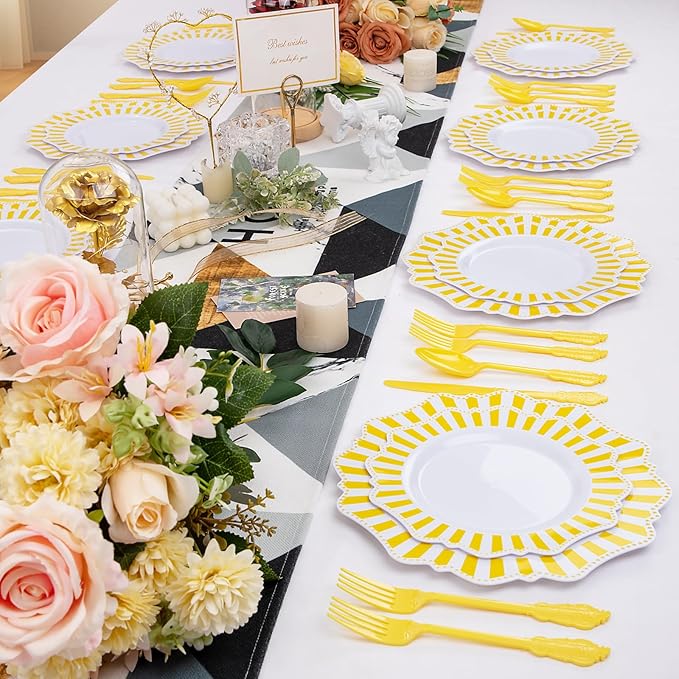COLOSUS 150pcs Disposable White Lemon Yellow Striped Plastic Party Plates and - Image 8