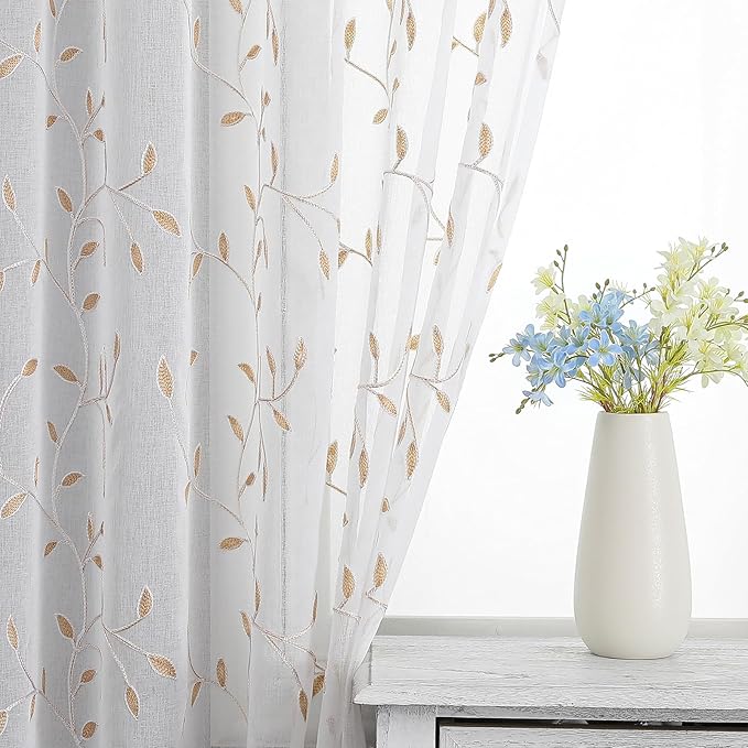 VISIONTEX White Sheer Voile Curtains, Decorative Orange Leaves Embroidery Faux - Image 5