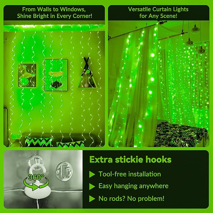 HXWEIYE 300LED Fairy Curtain Lights, 9.8x9.8Ft USB Plug-in 8 Modes Christmas - Image 2