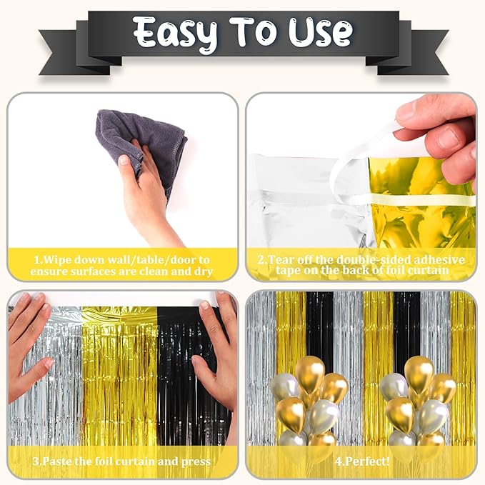 2 Pack Black Gold Silver Foil Fringe Backdrop Curtains, Tinsel Streamers Party - Image 3