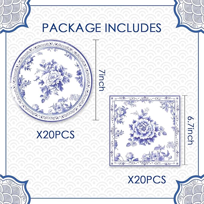 40pcs Blue and White Flower Party Decorations Disposable Blue Floral Plates and - Image 2