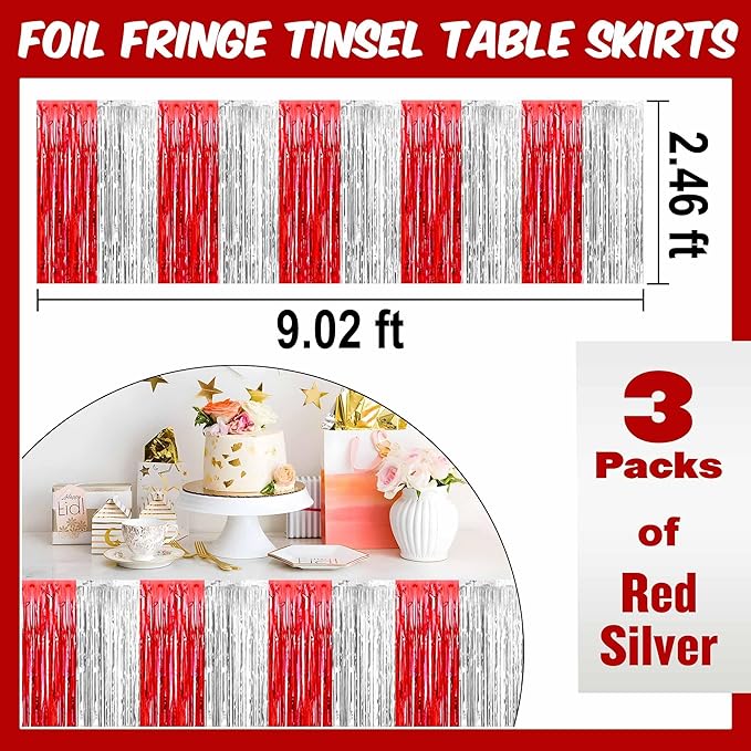 3 Pack 29 x108 Inch Red and Silver Foil Fringe Table Skirts Metallic Banner - Image 3