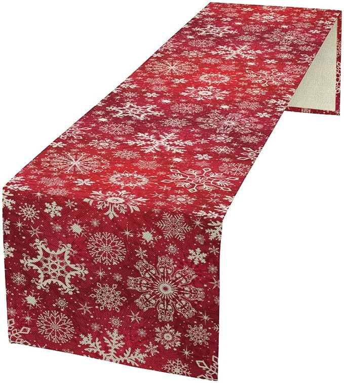 Snowflakes Christmas Table Runner, Winter Holiday Red Table Cloth Kitchen by Unknown