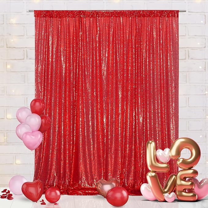 Eternal Beauty Red Sequin Backdrop, 8x8 Ft Glitter Background Curtains - Image 8
