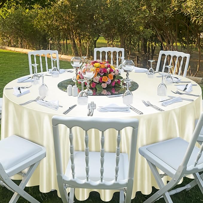Ruisita 120 Inches Round Satin Tablecloths Ivory Overlay Round Satin Table - Image 6