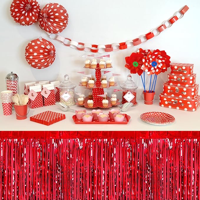 3 Pack 29 x108 Inch Red Foil Fringe Table Skirts Metallic Banner - Image 5