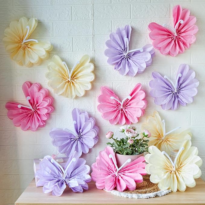 12PCS Butterfly Tissue Paper Pom Poms, 3D Butterfly Birthday Party Decorations - Image 7