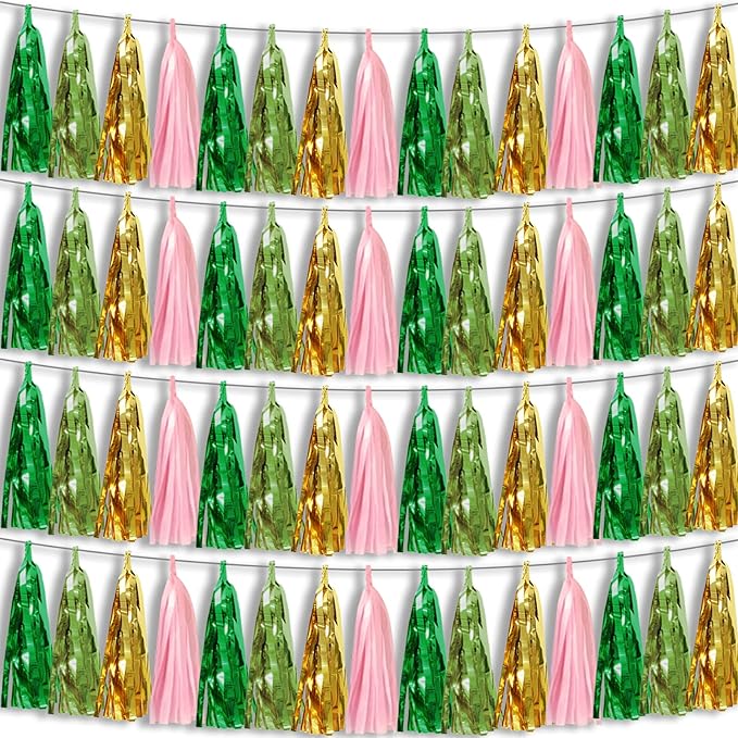 4P Sage-Green Pink-Gold Foil Fringe Metallic Tassel Garland, Tassels Banner by HYSILLA