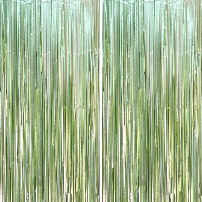2 Pack Sage Green Foil Fringe Backdrop Curtains, Tinsel Streamers Party by Voircoloria