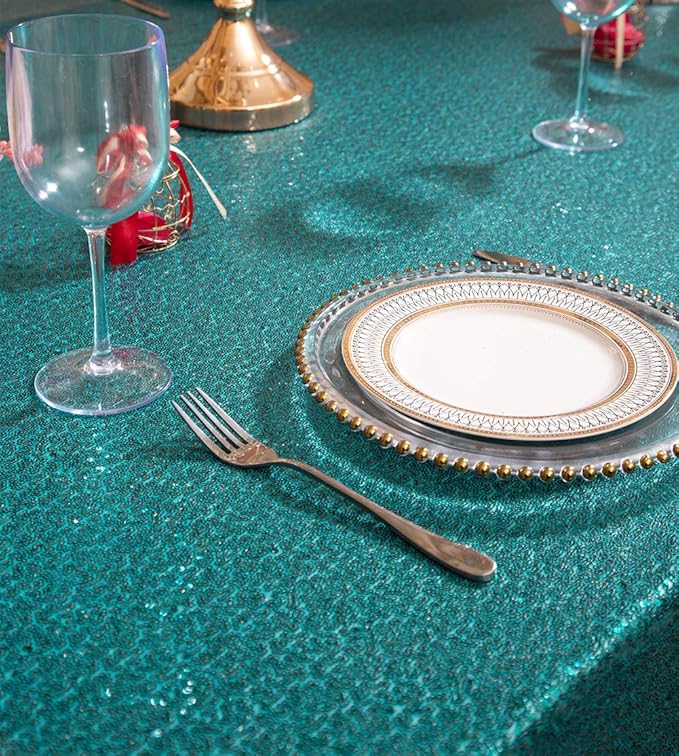 SquarePie Sequin Tablecloth 50 x 72 Inch Teal Sparkly Table Linen - Image 7