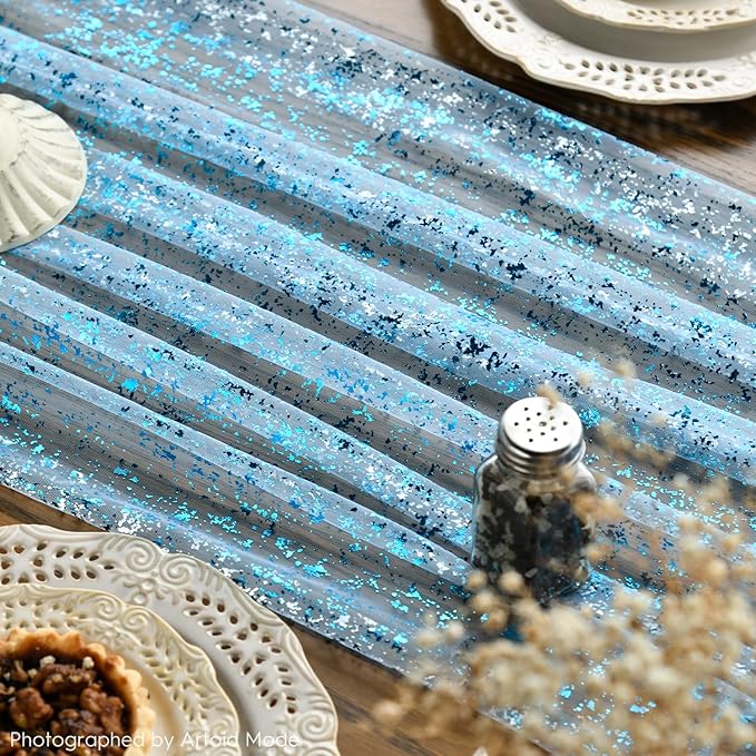 Artoid Mode 3PCS Light Blue Gauze Table Runner 120 Inch 10FT, Glitter Metallic - Image 3