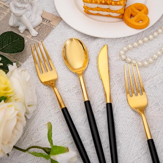 SUT Gold Plastic Silverware Forks and Spoons Disposable, 80 Gold Plastic Forks - Image 2