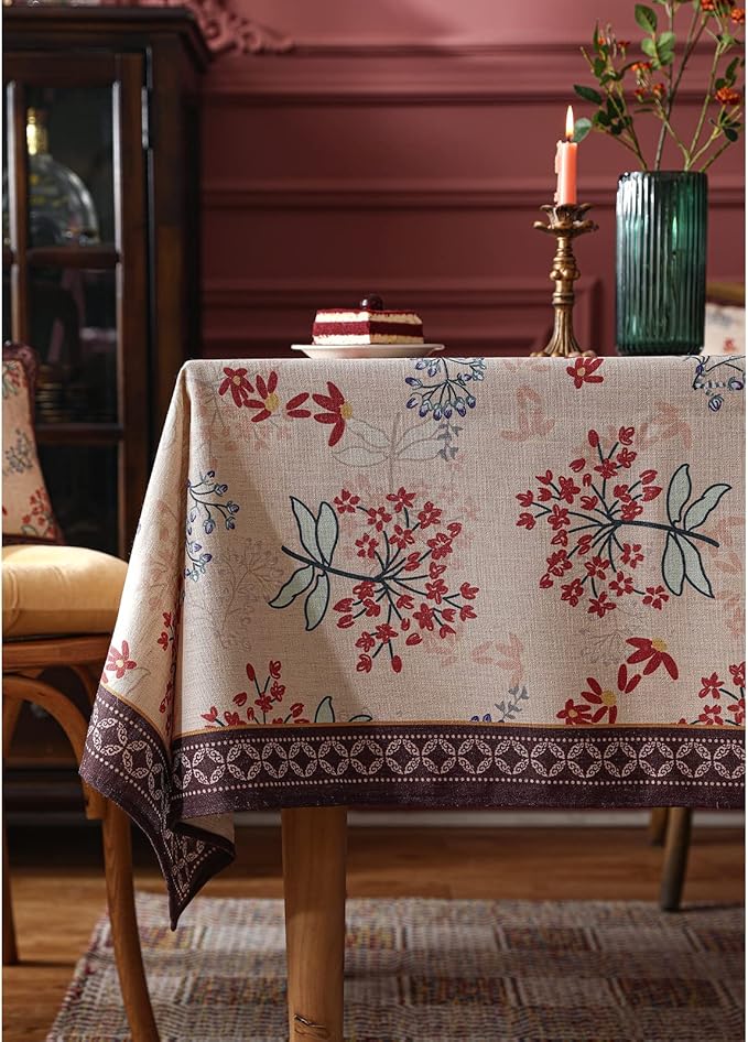 patdrea Designer French Linen Rectangular Table Cloth, Vintage Red Floral Fall - Image 9