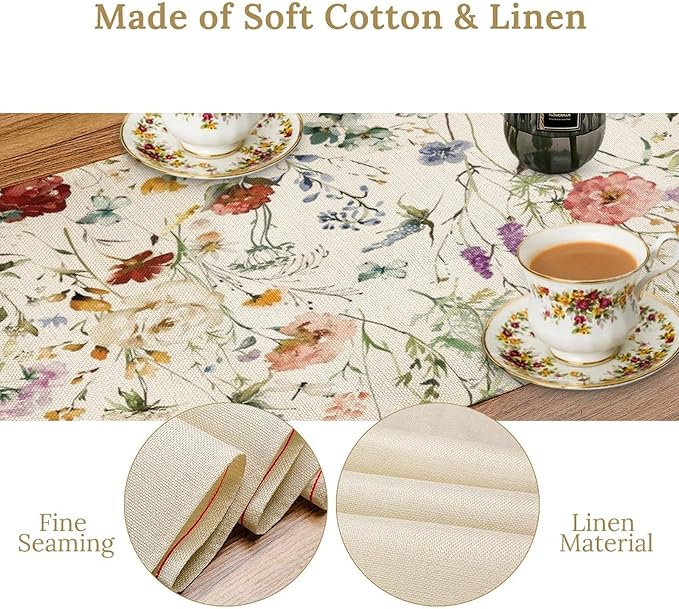 Floral Butterfly Table Runner, Rustic Colorful Flower Botanical Watercolor - Image 4