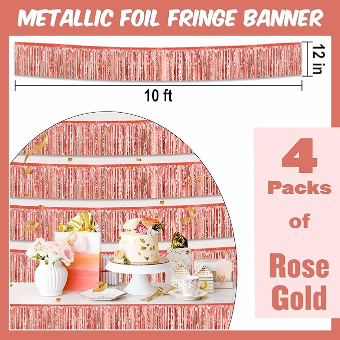 4 Pack 10 Ft Rose Gold Foil Fringe Garland Metallic Streamers Tinsel Banner - Image 2