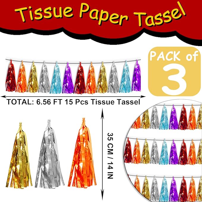 3P Lake Blue Orange-Red-Gold-Silver-Purple Metallic Fringe Tassel Banner - Image 2