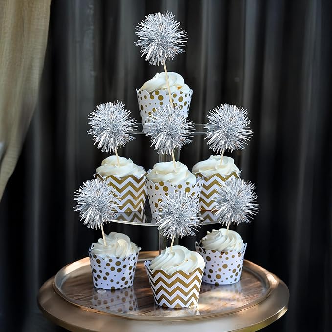 Ephlyn 30Pcs Foil Firework Cupcake Toppers Sparkle Tinsel Cupcake Picks Happy - Image 5