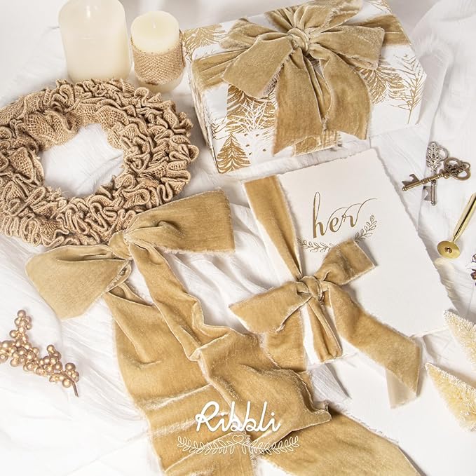 Ribbli Light Champagne Velvet Ribbon 1.5 Inch Handmade Frayed Christmas Ribbon - Image 4