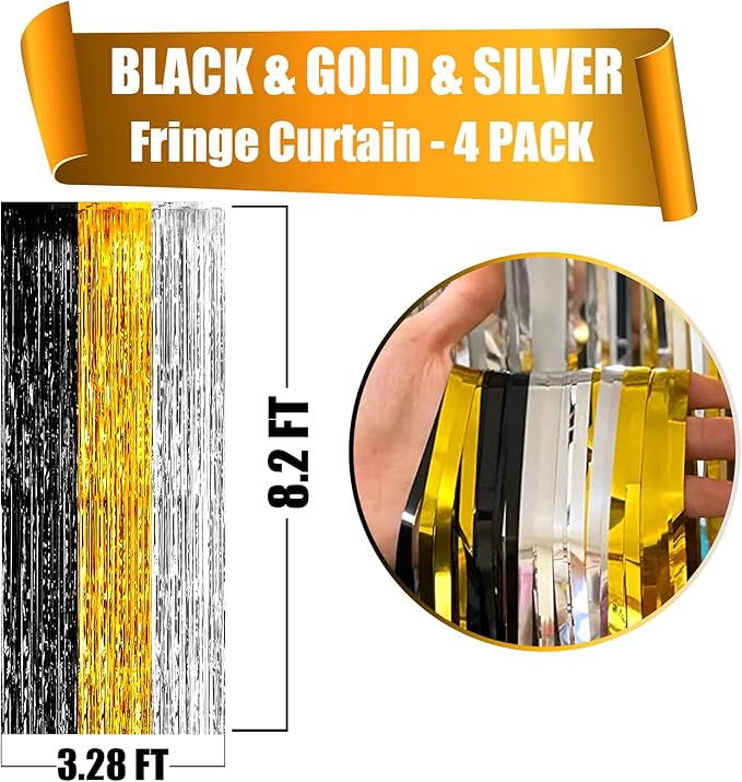 4 Pack Black Gold Silver Foil Fringe Curtain Backdrop, 3.28Ft x 8.2Ft Metallic - Image 2