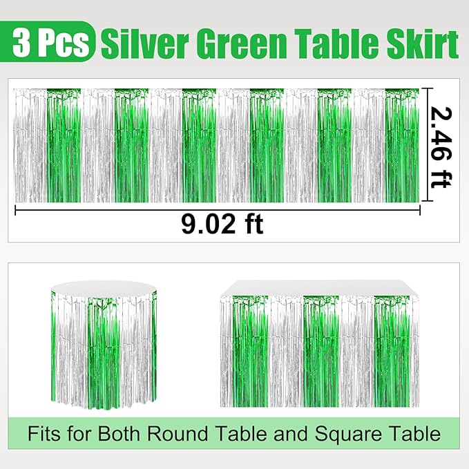 3 Pack 29 x108 Inch Silver Green Foil Fringe Table Skirts Metallic Banner - Image 2