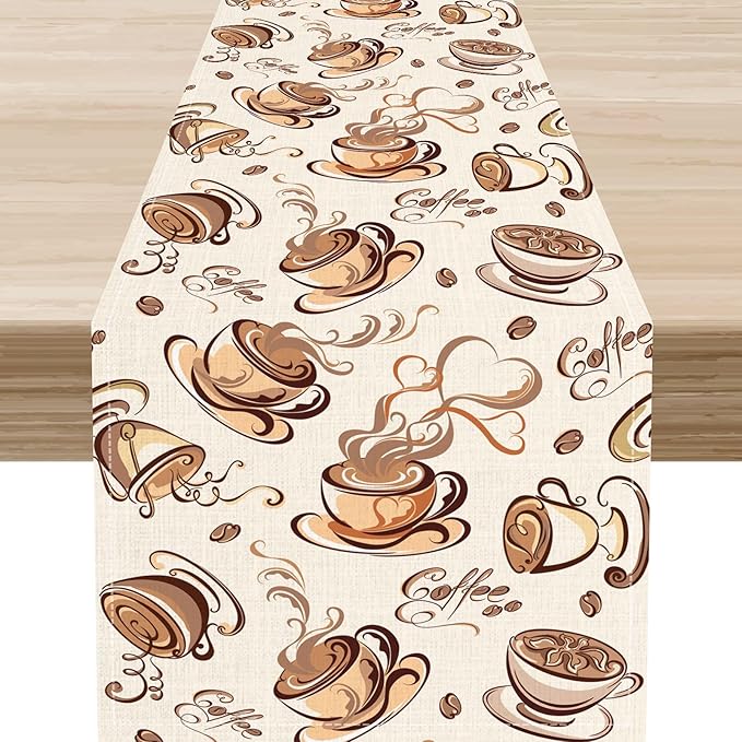 Coffee Time Table Runner, Farmhouse Retro Coffee Cup Tea Party Cafe Table by Unknown