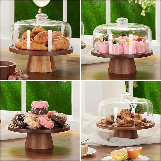 Wooden Cake Stand with Lid, Acacia Cake Stand with Glass Dome, 11-Inch - Image 7