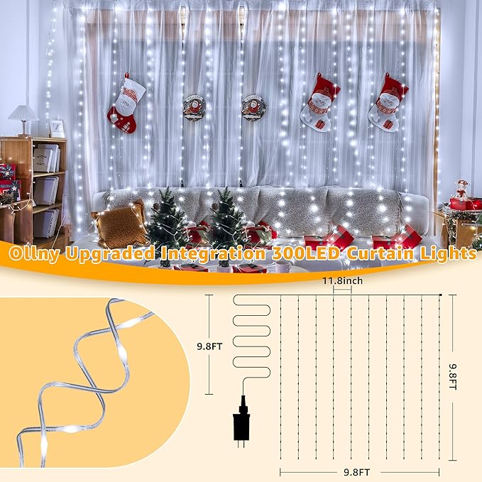 Ollny Curtain Lights 300LED 9.8ftx9.8ft, Connectable IP67 Waterproof Outdoor - Image 2