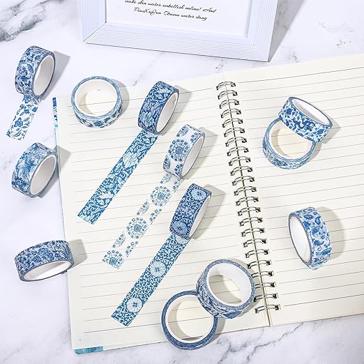 Whaline 12 Rolls Blue Floral Washi Tape Chinoiserie Flower Washi Tape Vintage - Image 4