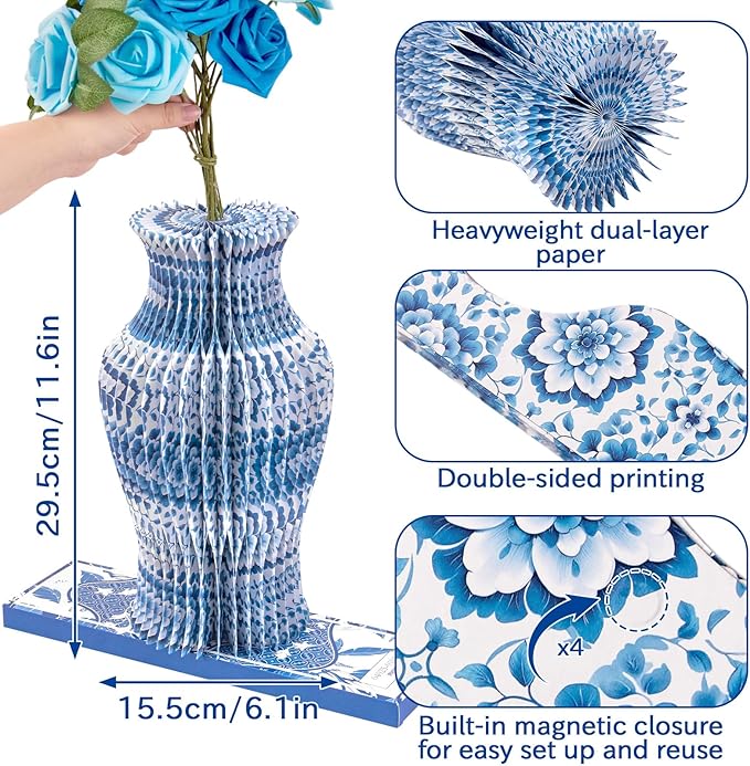 Blue and White Paper Honeycomb Vase, 11.6 Inch Foldable Decorative Vase - Image 4