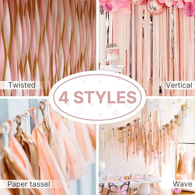 PartyWoo Rose Gold Crepe Paper Streamers 4 Rolls 328 ft Pack of Metallic Rose - Image 6