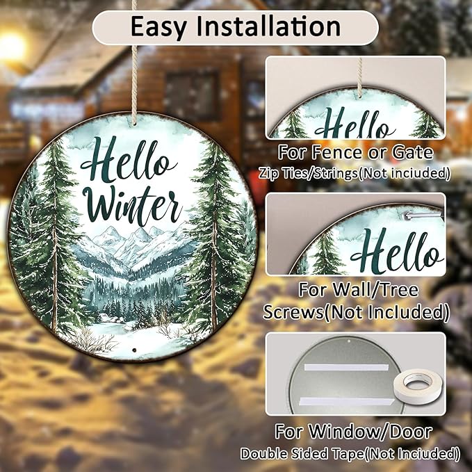Round Christmas Metal Tin Sign Hello Winter Sign Christmas Pine Trees Welcome - Image 3