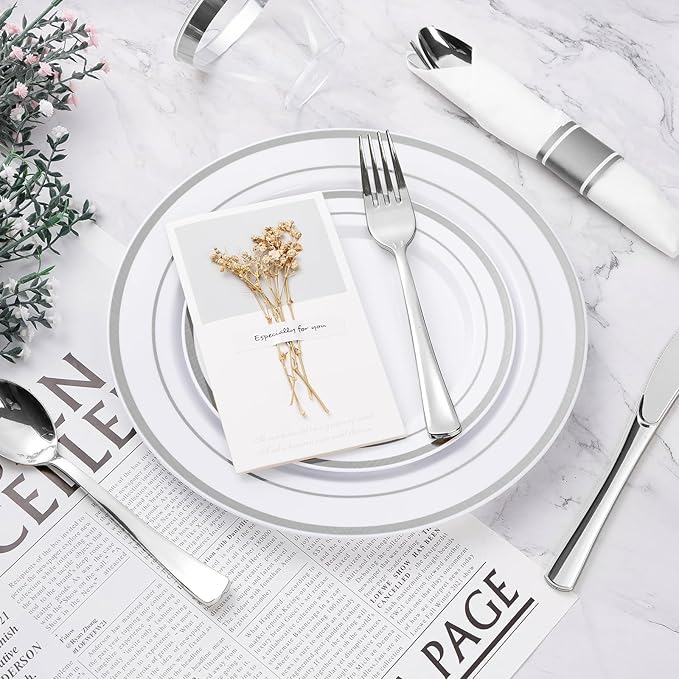 BESTVIP 350PCS Silver Plastic Dinnerware Set, Disposable Party Plates - Image 5