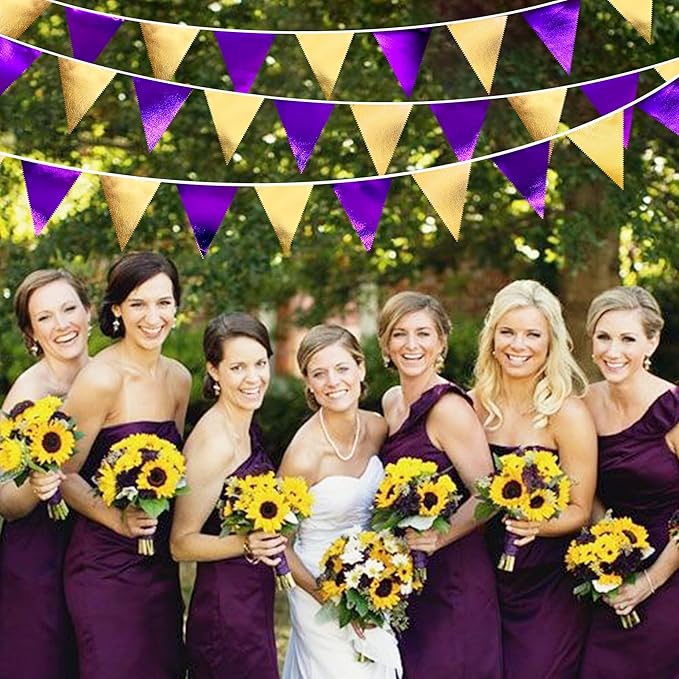 Purple and Gold Party Decorations Metallic Fabric Triangle Pennant Banner Flag - Image 5