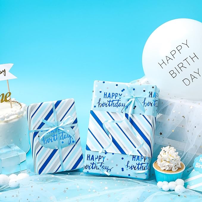 LeZakaa Reversible Blue Birthday Wrapping Paper Roll - Image 3