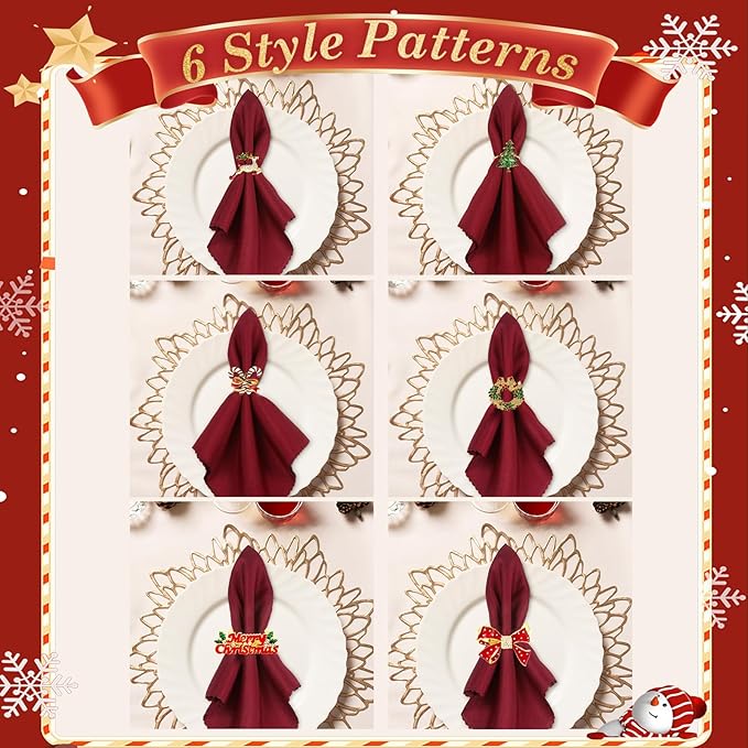 KPOSIYA 12PCS Christmas Napkin Rings Set of 6 and 6pcs Red Napkins Cloth - Image 2