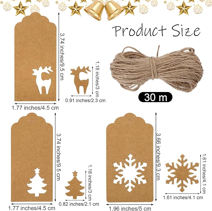 Aneco 150 Pieces Christmas Paper Gift Tags Brown Kraft Tags Hang Labels - Image 2