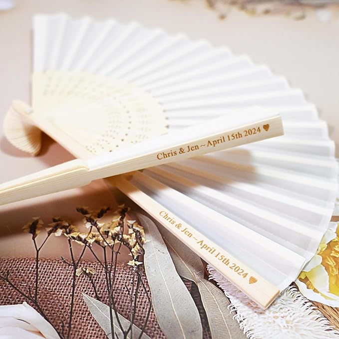 Personalized Engraved White Silk Fans Folding Hand Fans, Summer Wedding Fans - Image 6