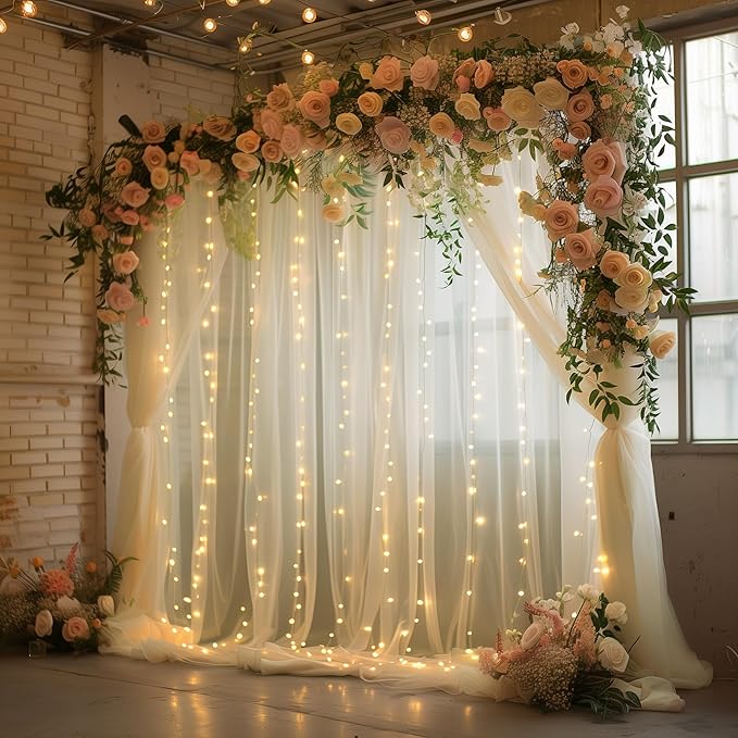 Tulle Backdrop Curtain with Lights String 10FT X 8FT Champagne Sheer Tulle - Image 7