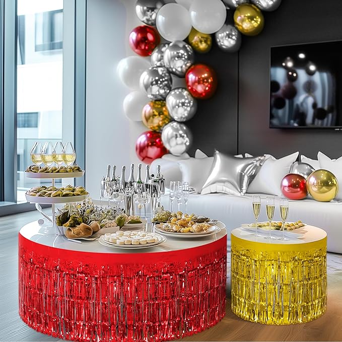 3 Pack Red Green Gold Table Skirts, 29x108" Metallic Foil Tinsel Fringe Table - Image 9