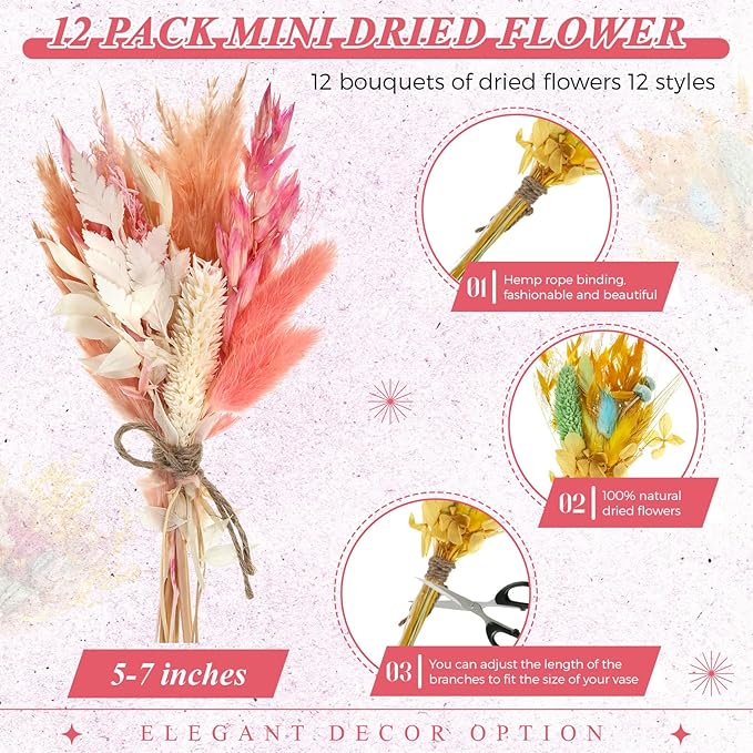Layhit 12 Pack Boho Dried Flower Bouquet Mini Wedding Handmade Dry Flowers Decor - Image 2