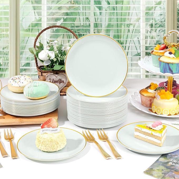 Festiva 200Pcs Pale Sage Green Gold Cake Plates 6.3" - Image 7