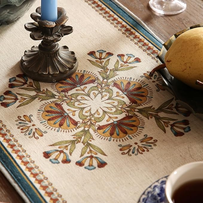 patdrea Designer Beige Farmhouse Geometric Patterned Linen Table Runner 87 Inch - Image 3