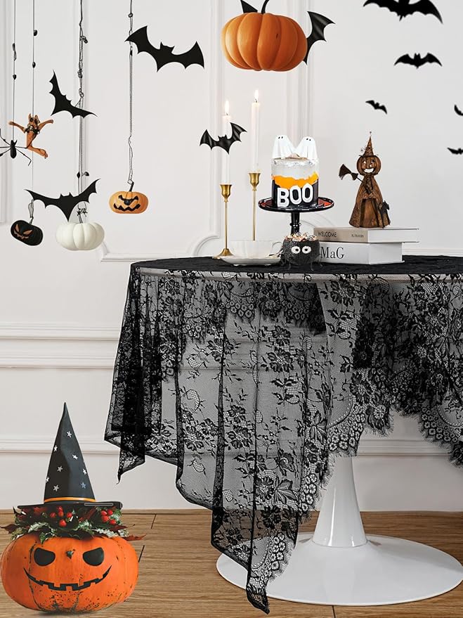 Black Tablecloth Halloween Lace Table Fabric 2pcs 60x120 Inch - Image 4
