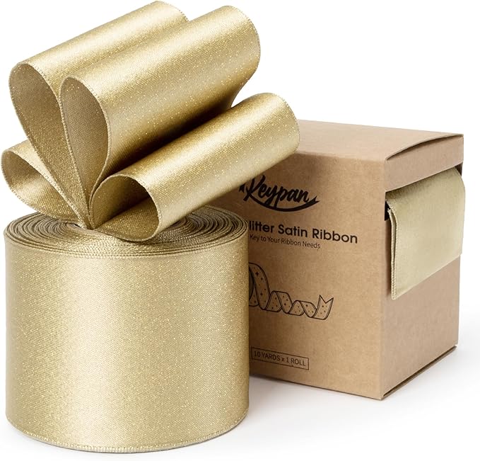 Gold Satin Wired Ribbon 2-1/2 Inch Double-Faced Glitter Ribbons by Keypan