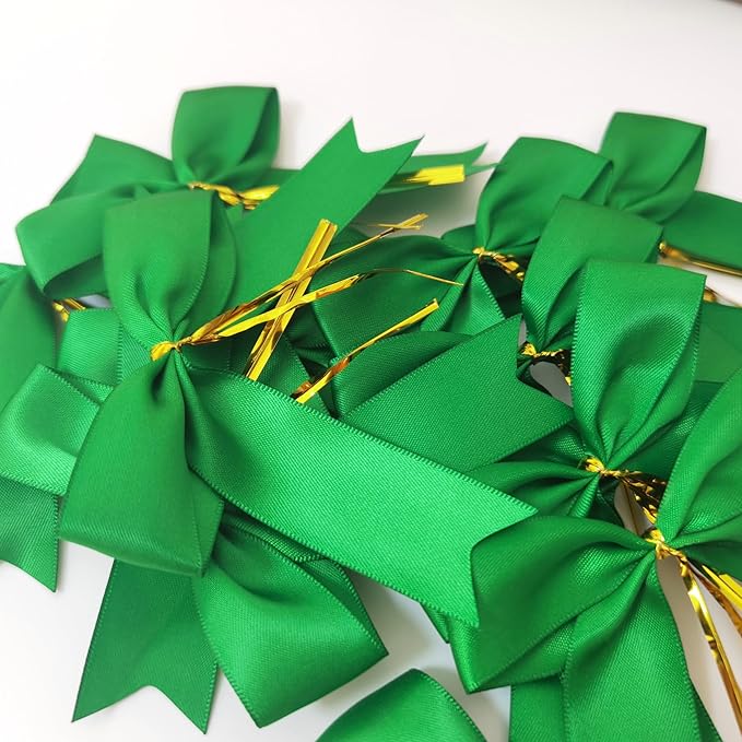 50pcs 3-1/2" Green Twist Ties Satin Green Bows - Image 8