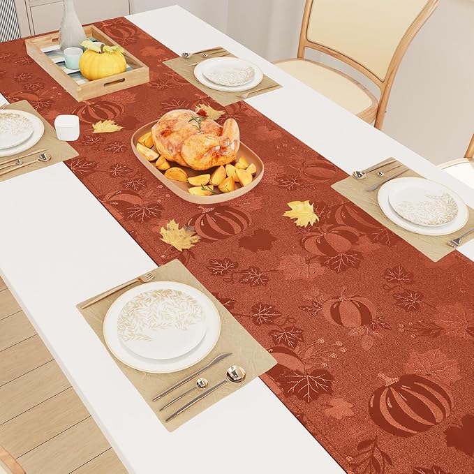 Smiry Thanksgiving Table Runner, 13x72 Inch Waterproof Fabric Damask Table - Image 3
