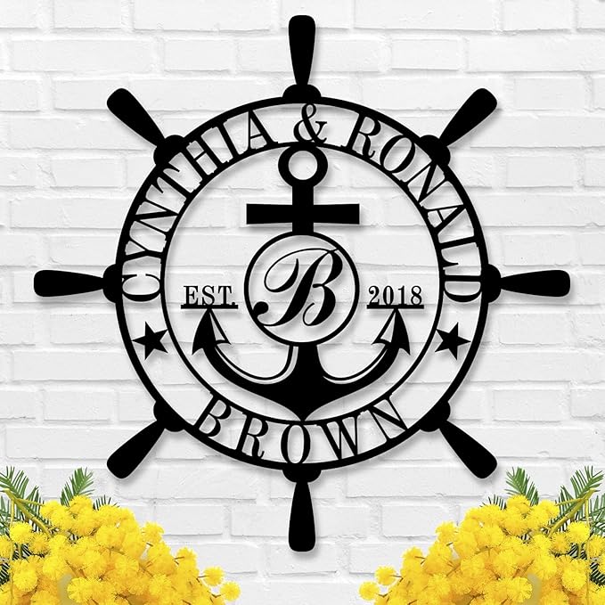 Customized Family Name Sign, Nautical Wall Decor, Anchor Compass Metal Sign by EXUNART